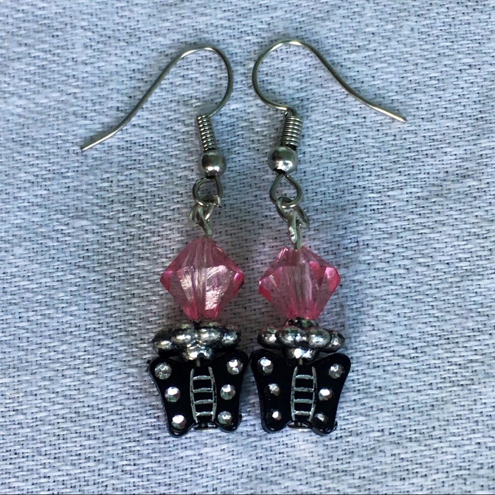 Pink And Black Butterfly Beaded Dangle Earrings